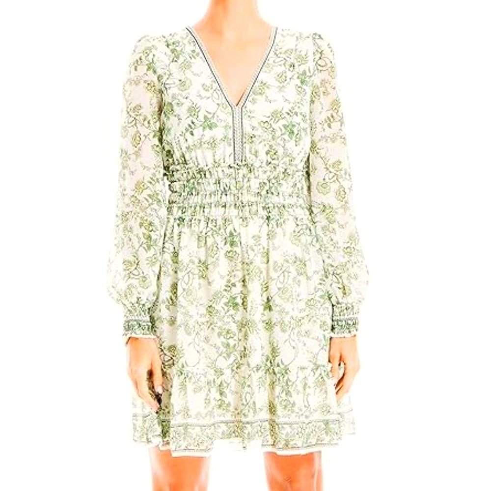 Max Studio Floral V-Neck Smocked Waist Dress Womens Large Green Ivory Garden‎